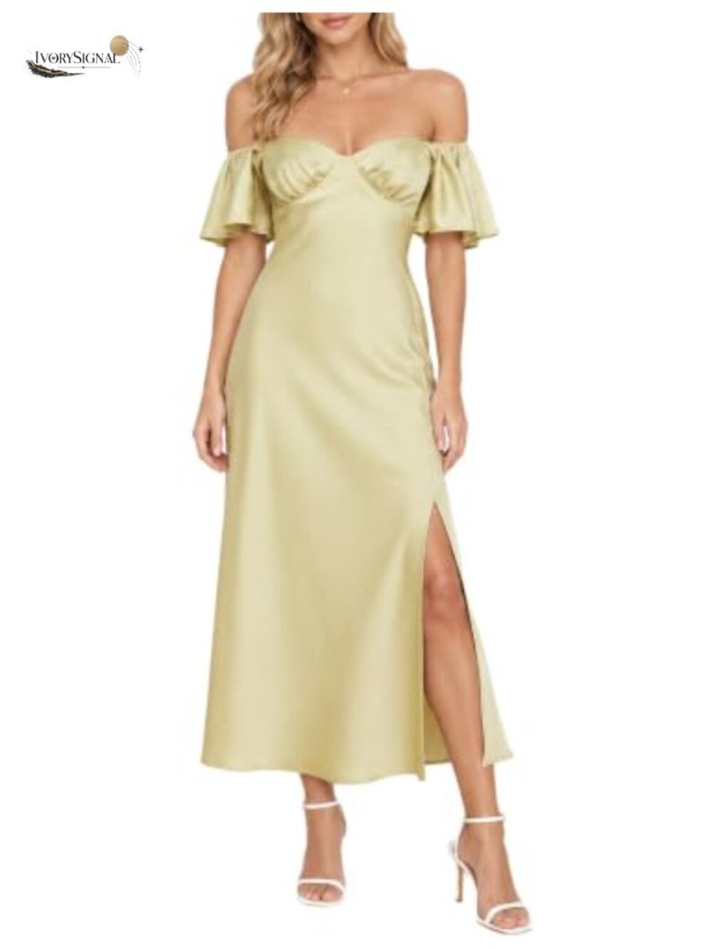 Satin Off Shoulder Midi Dress Butterfly Sleeve Formal Wedding Guest